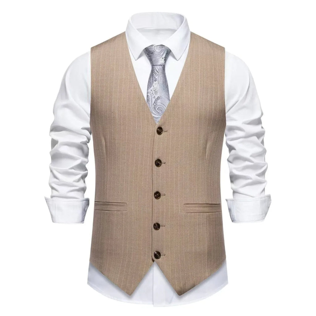 Men's striped suit vest in polyester with non-ironing fabric and V-shaped hem