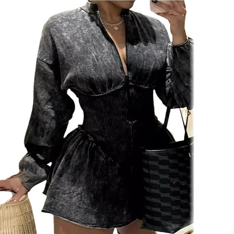 Gray digital print slim-fit dress with drawstring waist and A-line silhouette