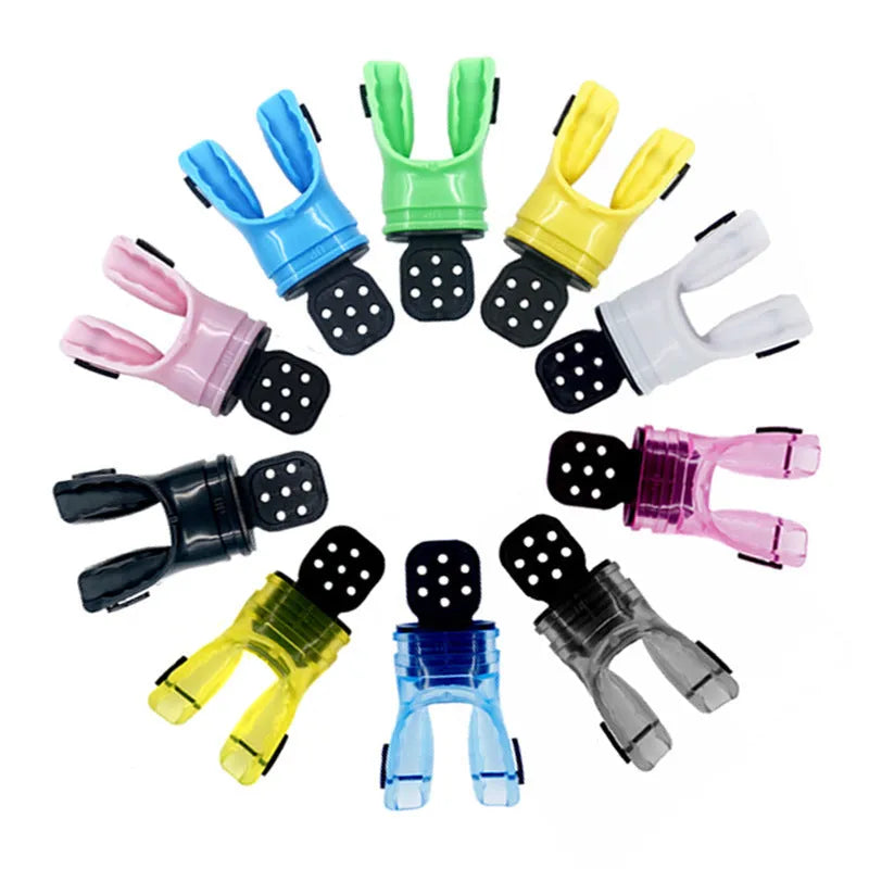 Edible silicone diving mouthpiece, 110mm long, shown in various colours including transparent and solid options.