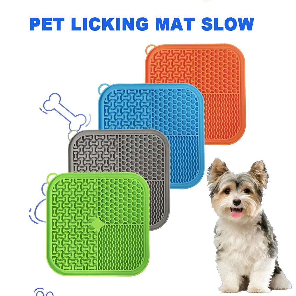 Orange and grey silicone dog licking mat with textured surface and suction cups on back