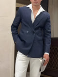 Men's classic striped double-breasted blazer on a hanger, regular fit.