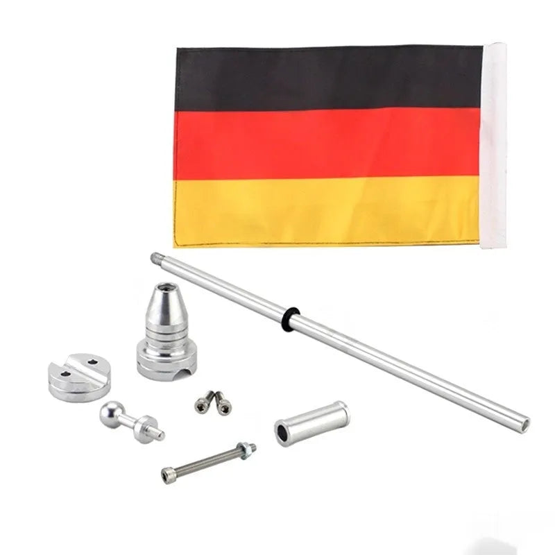 Motorcycle side box flagpole mounting bracket with German flagpole styling and electroplated finish