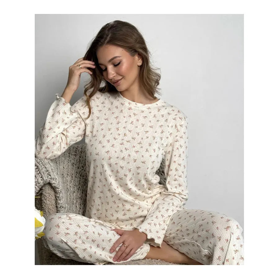 White floral print women's pyjama suit with bell sleeve top and wide-leg trousers
