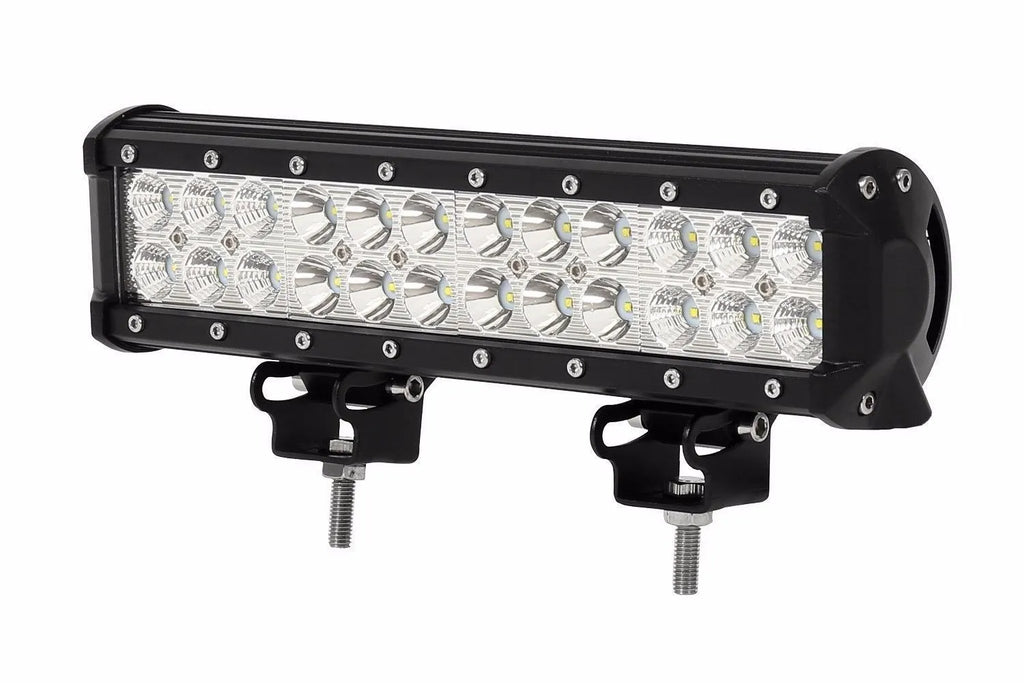 Black aluminium alloy 72W double row LED roof light for off-road vehicles and trucks.