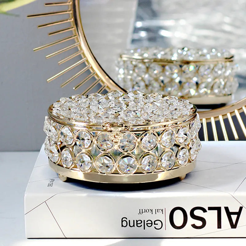 French gold metal jewelry box with transparent crystal glass lid for visible storage
