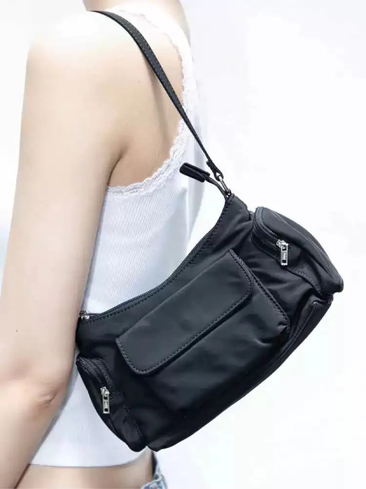 Black PU nylon women's shoulder bag with double pockets and side line detailing
