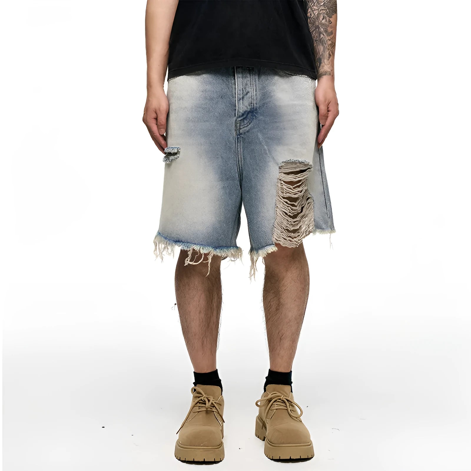 Men's light blue retro washed denim shorts with baggy wide-leg design and fifth pants length