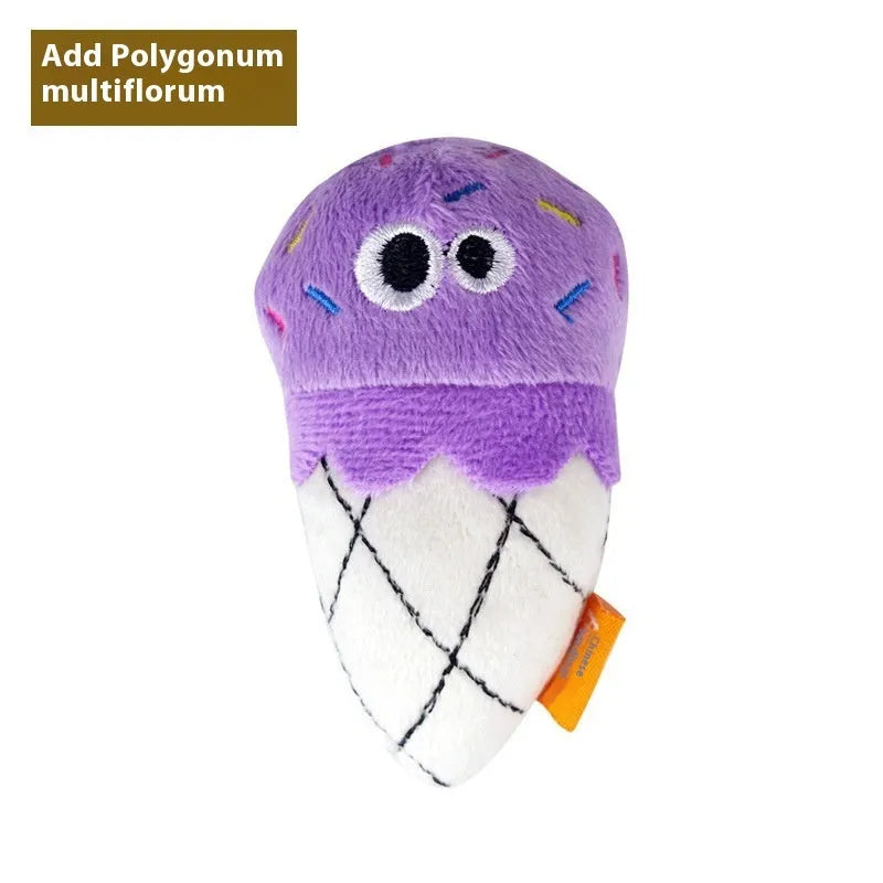 Colourful catnip-filled chew pillow shaped like a burrito, cone, cucumber, mushroom, pineapple, or pizza for cats.