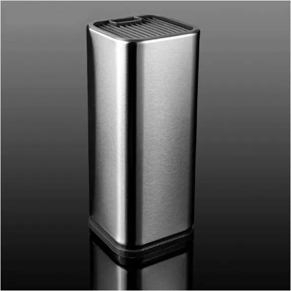 Black and white kitchen knife holder with storage bucket and detachable base on a countertop.