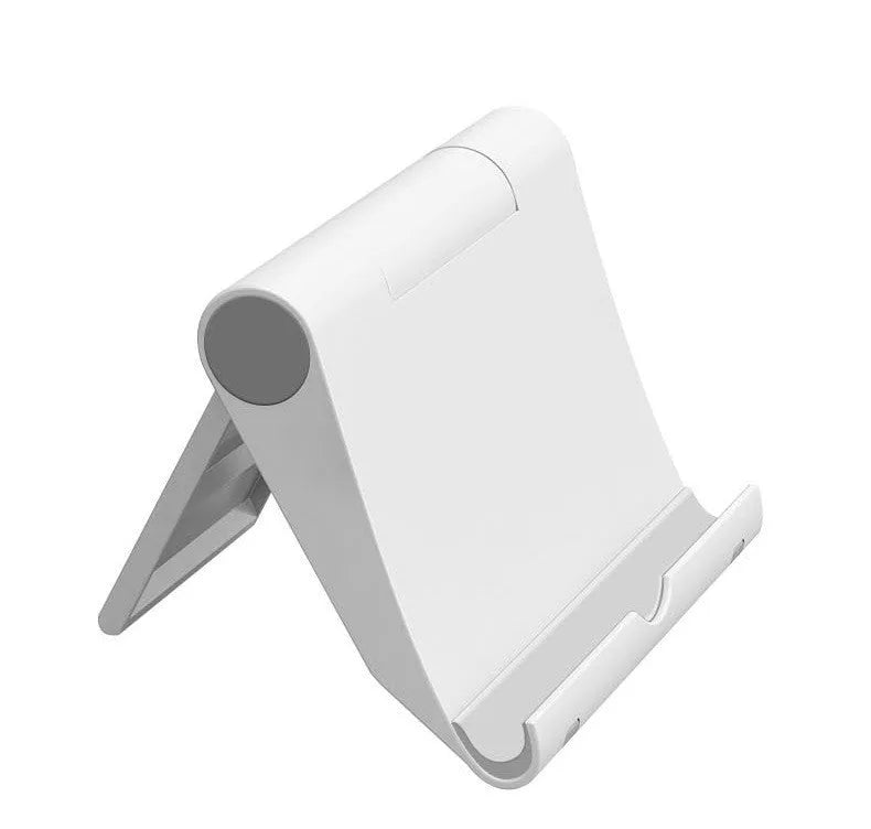 Black PE folding phone and tablet stand with soft rubber backing, shown at an adjustable angle.