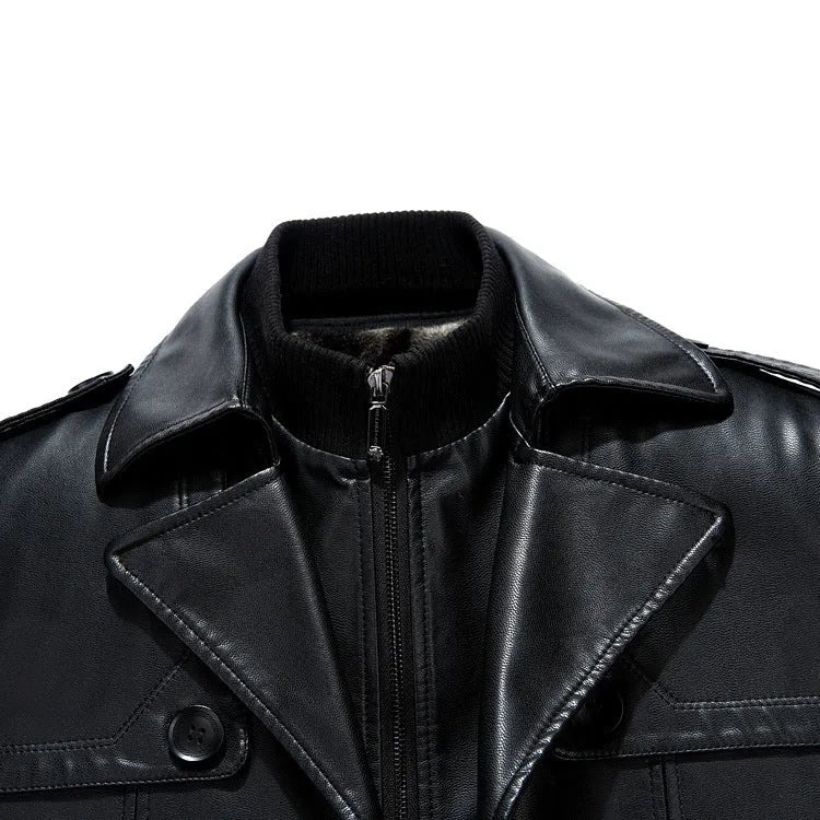 Black men's mid-length sheepskin suit with suit collar, zip closure, colour block pattern, and straight hem on a model