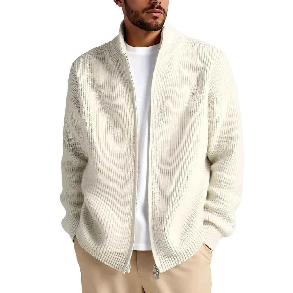 Man wearing a loose-fit grey cardigan sweater, a casual base layer for leisure wear.