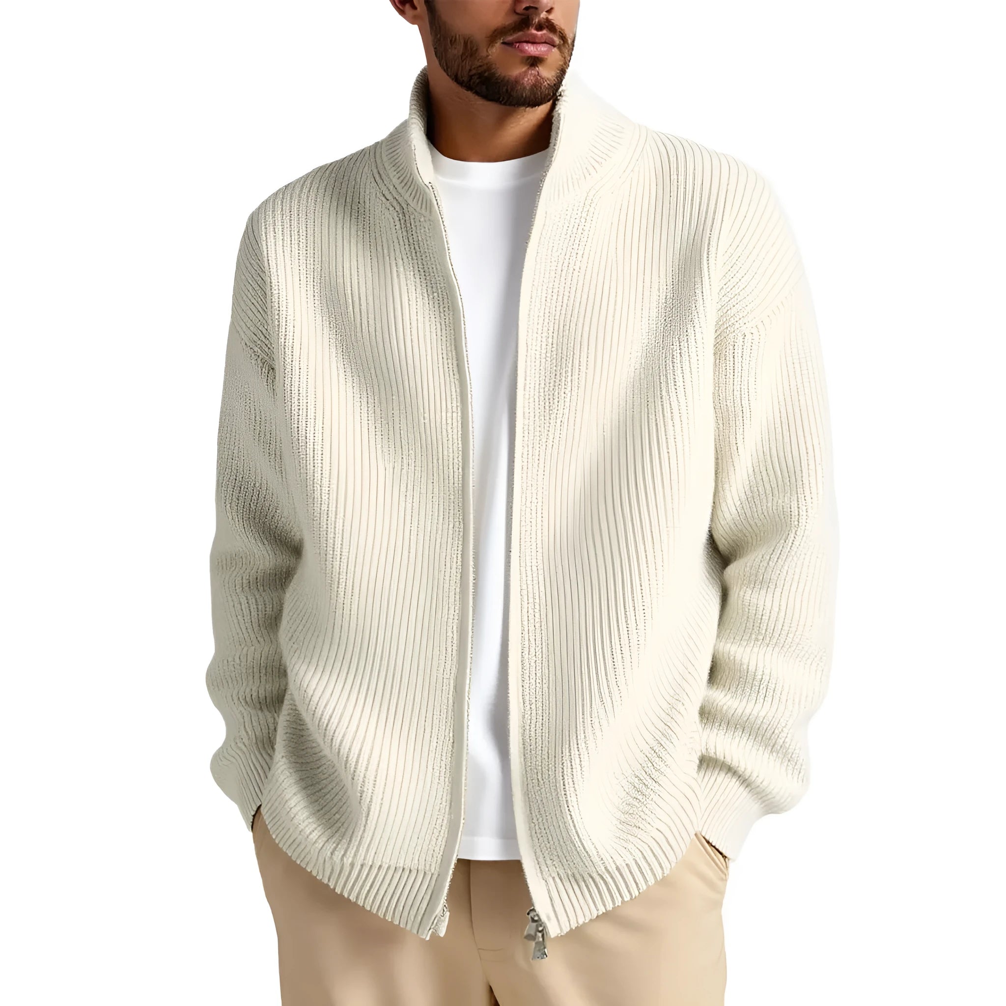 Man wearing a loose-fit grey cardigan sweater, a casual base layer for leisure wear.