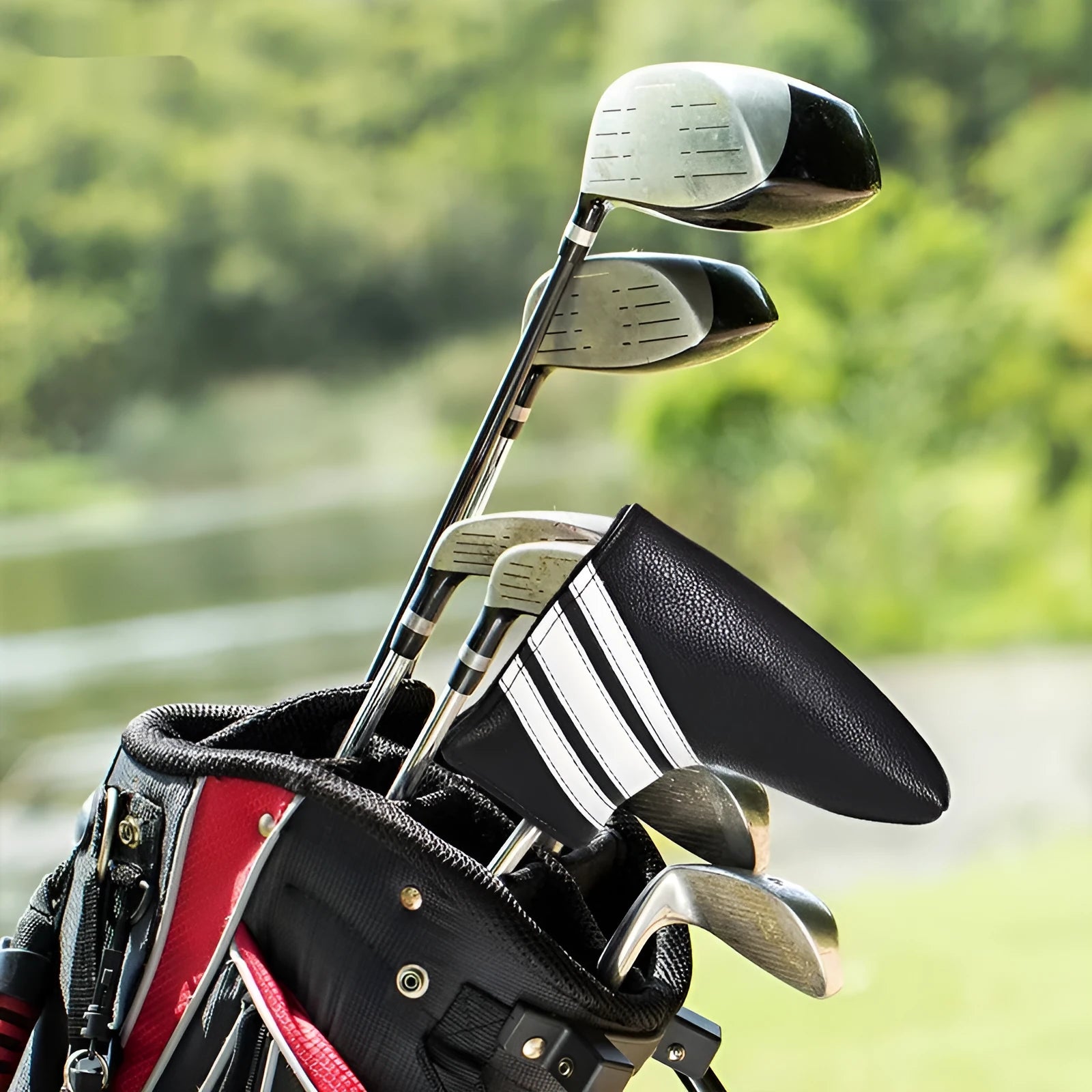 Black PU leather golf club push rod sleeve on a golf club shaft.