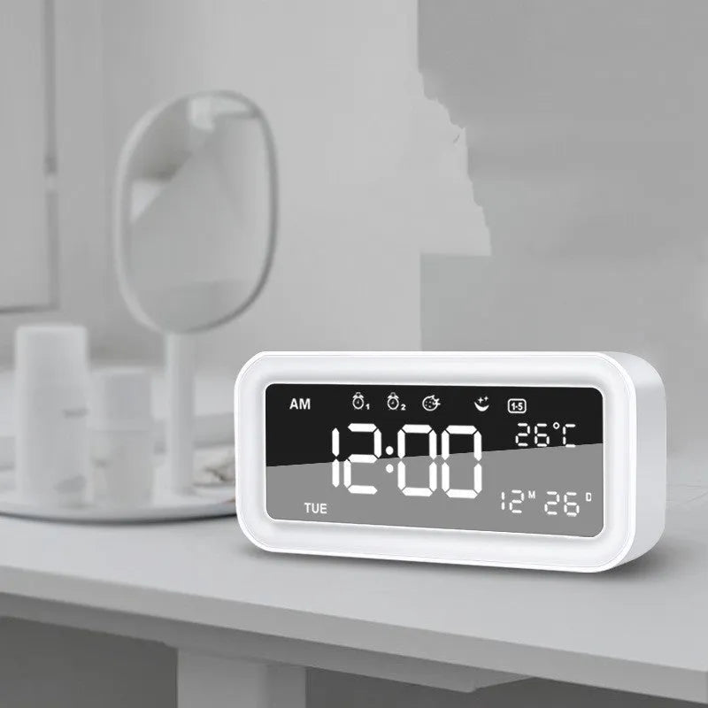 Multifunctional LED atmosphere light alarm clock with digital display and multicoloured lighting in rectangular plastic case