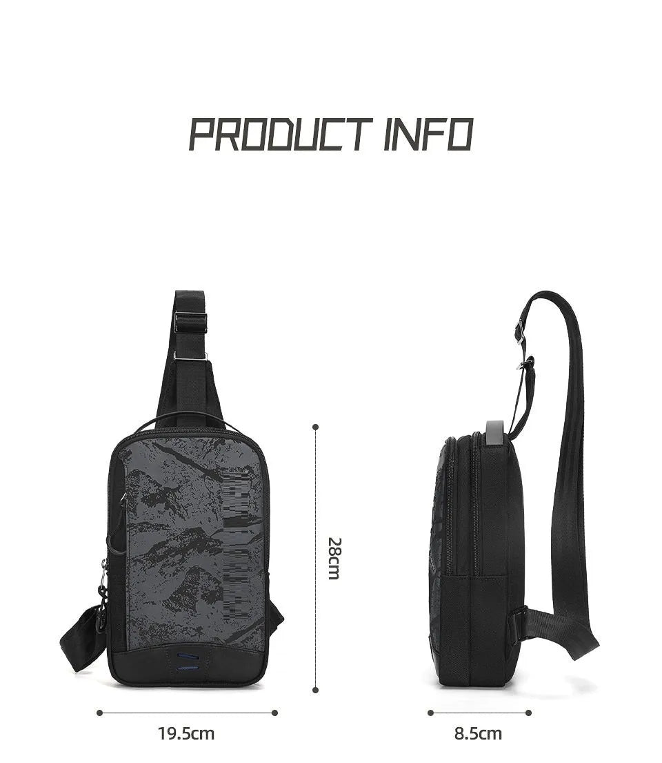 Casual black TPU camouflage chest bag with square vertical silhouette and single shoulder strap