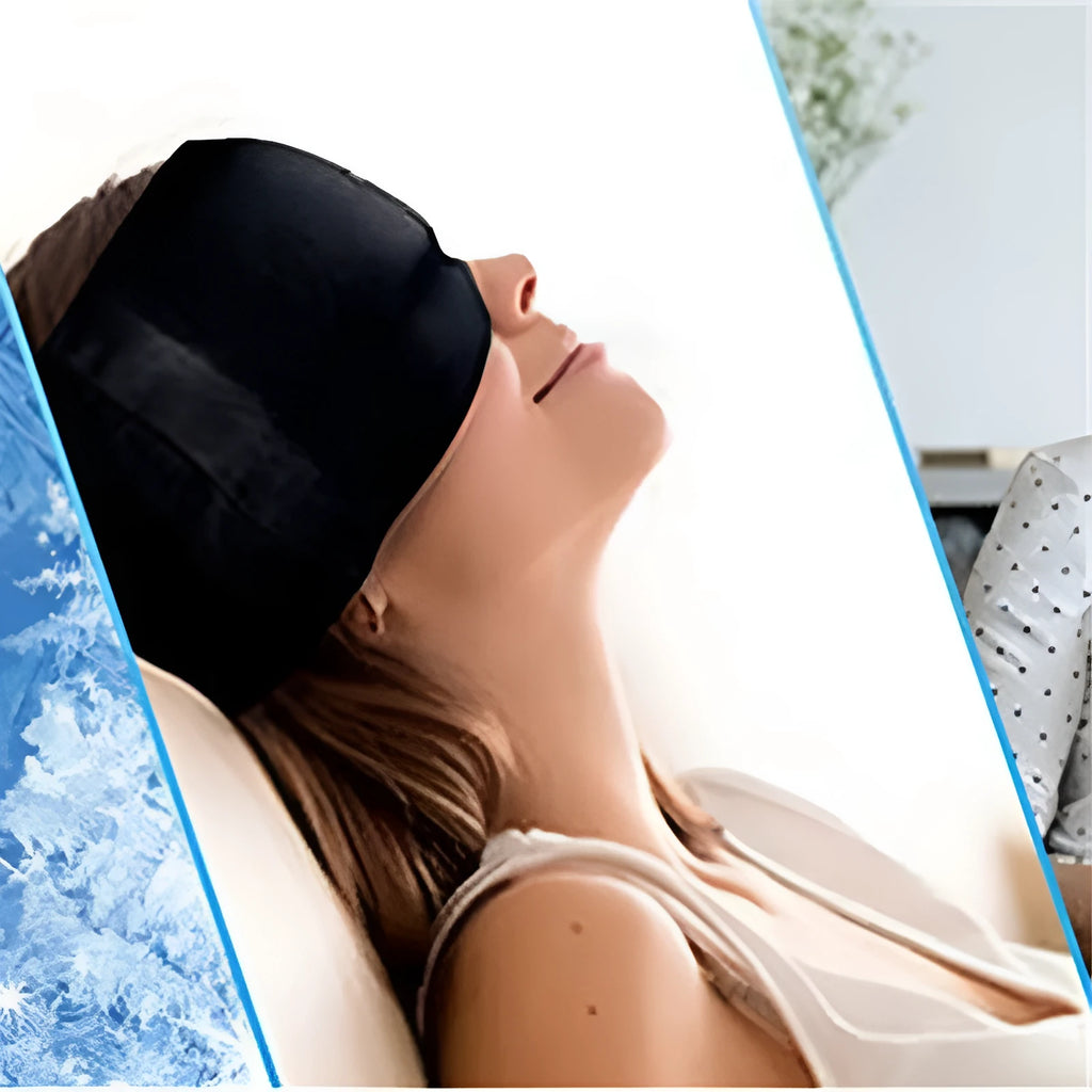 Black elastic cloth gel ice headache relief eye mask showing adjustable headband and cooling gel construction