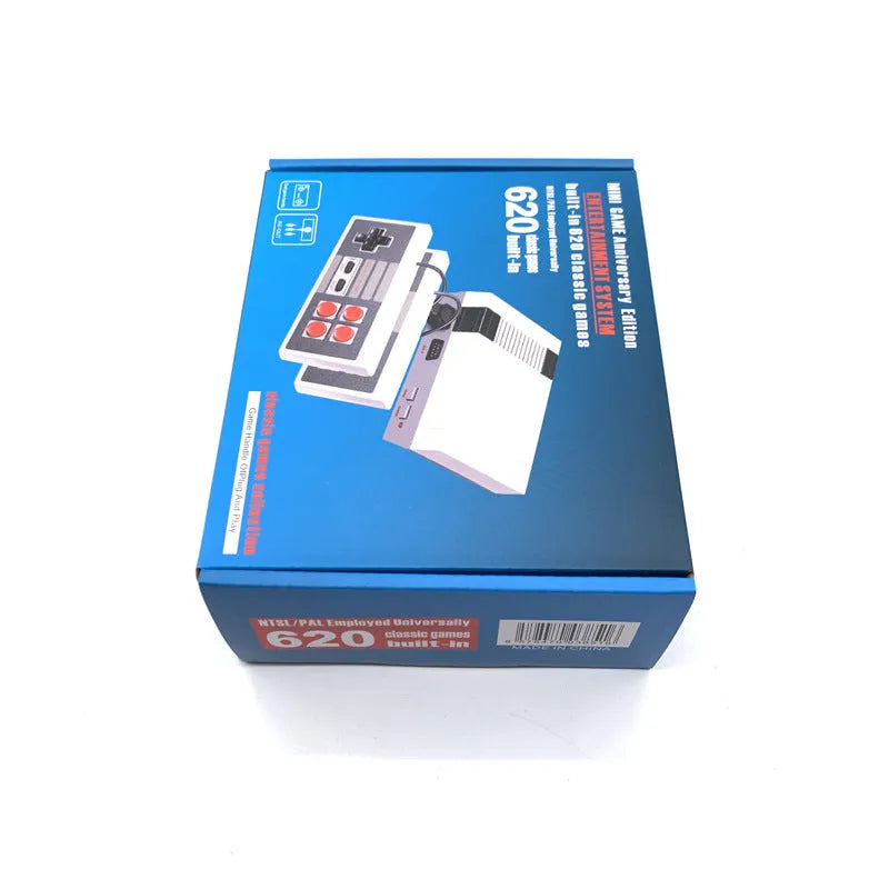 NES 8-bit retro game console with two controllers and AV cable on packaging
