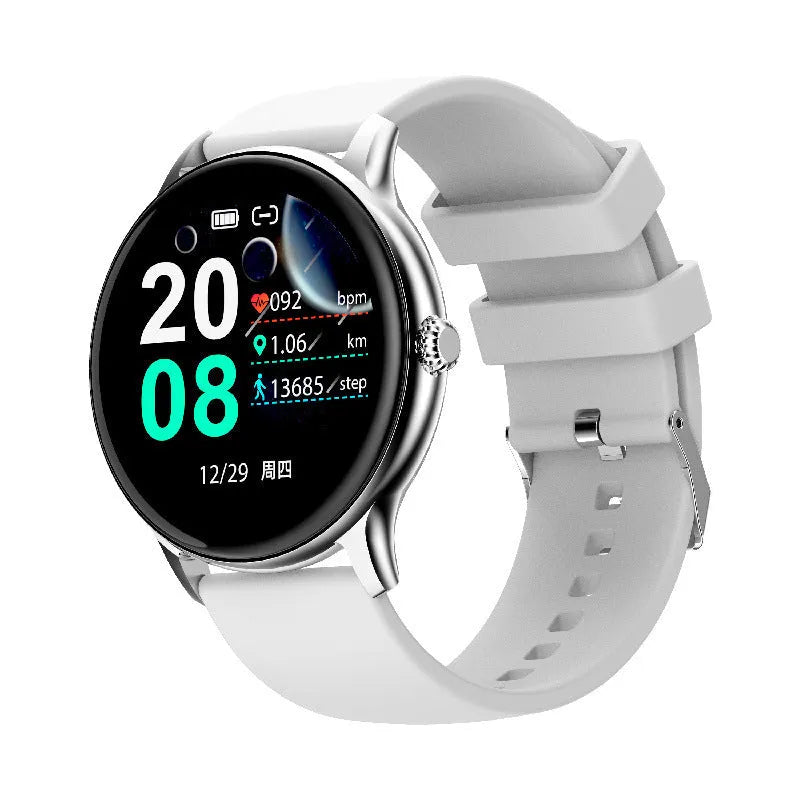Black Bluetooth smartwatch with 1.28-inch screen on a silicone wristband, showing health metrics.