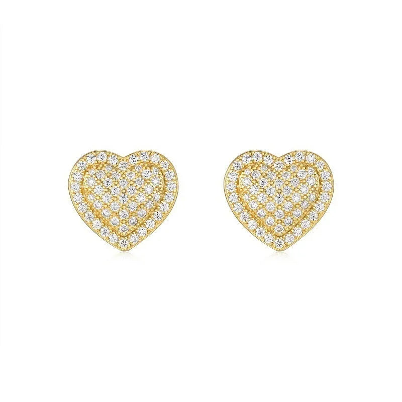 Simple heart-shaped stud earrings made of S925 silver with moissanite, shown in a gold colour.