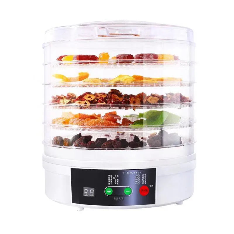 White five-layer food dehydrator with stackable mesh trays on a kitchen countertop.