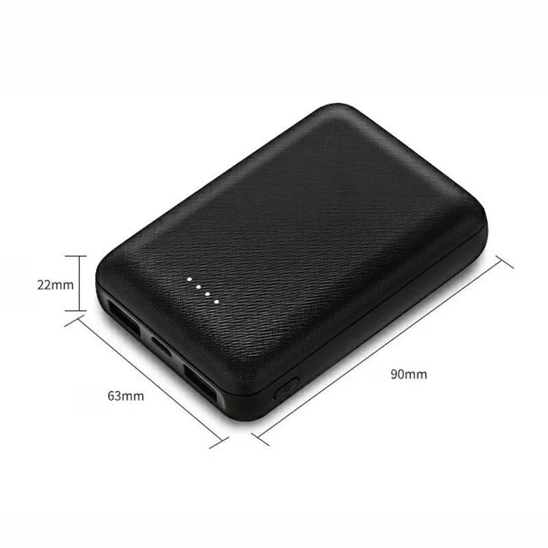 Black and white ultra-thin 10000mAh power bank showing multiple USB ports and compact 90x63x22mm dimensions