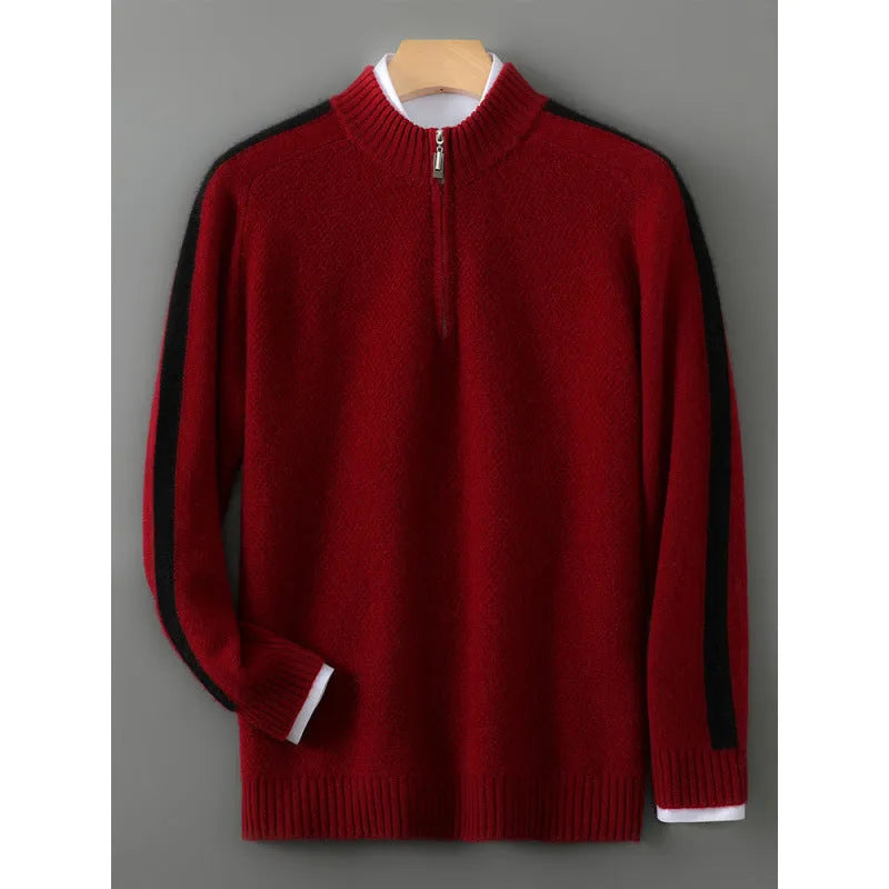 Slim fit sheep wool knitted sweater with half zip and round neck in camel colour