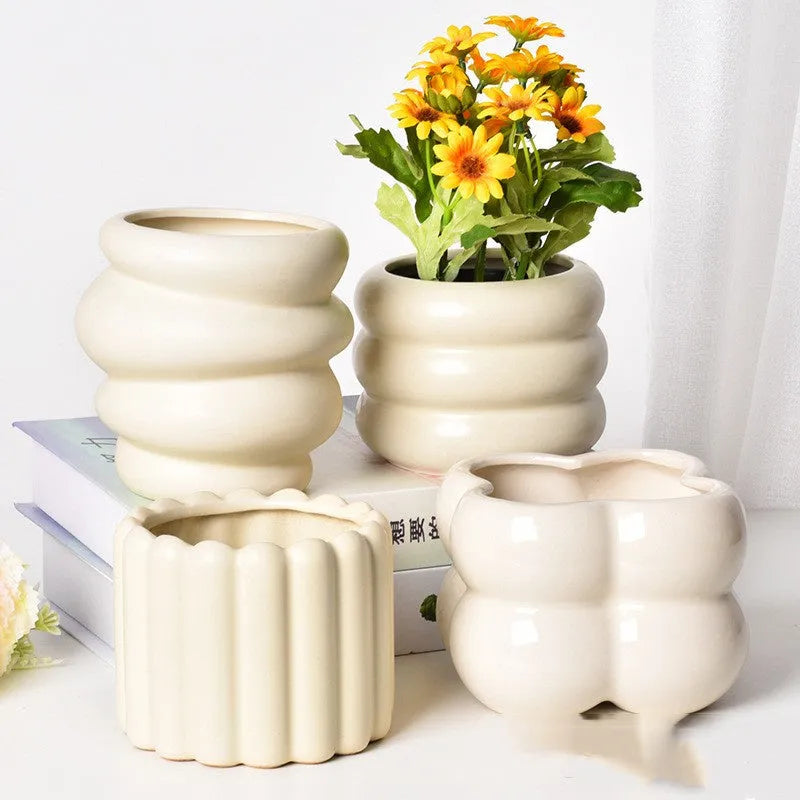 Roman column matte yellow ceramic flowerpot with breathable self-absorbent properties