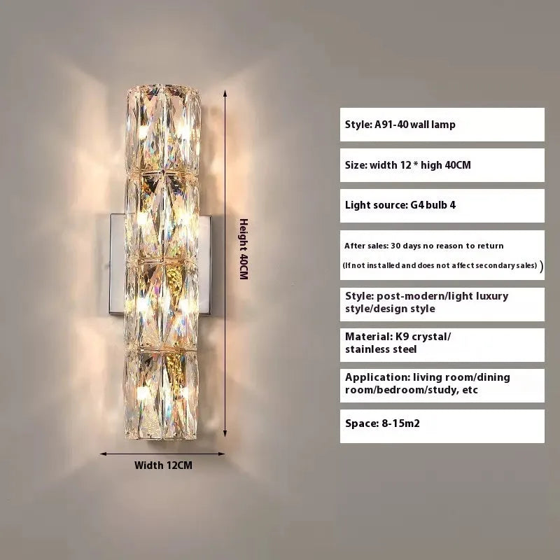 Crystal shade LED wall lamp in chrome or gold finish on stainless steel base.