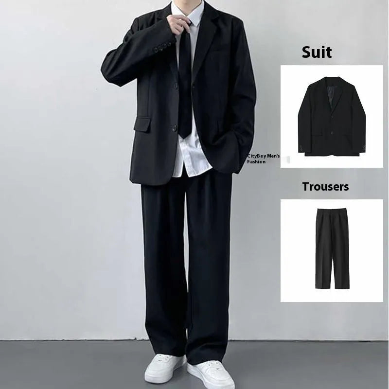 Plus size men's loose fit college style suit set with trousers, white shirt, and tie on a hanger.