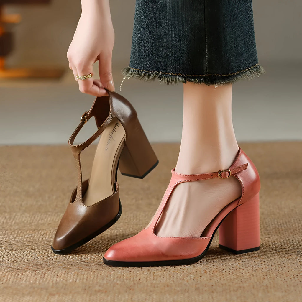 Women's retro Mary Jane shoes with pointed toe, hollow design and buckle fastening in pink or dark brown.