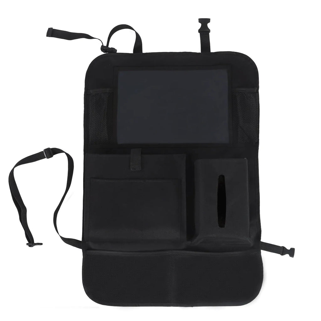Black car seat back storage pouch with 9 storage bags and transparent iPad touch screen pocket hanging on a car seat back