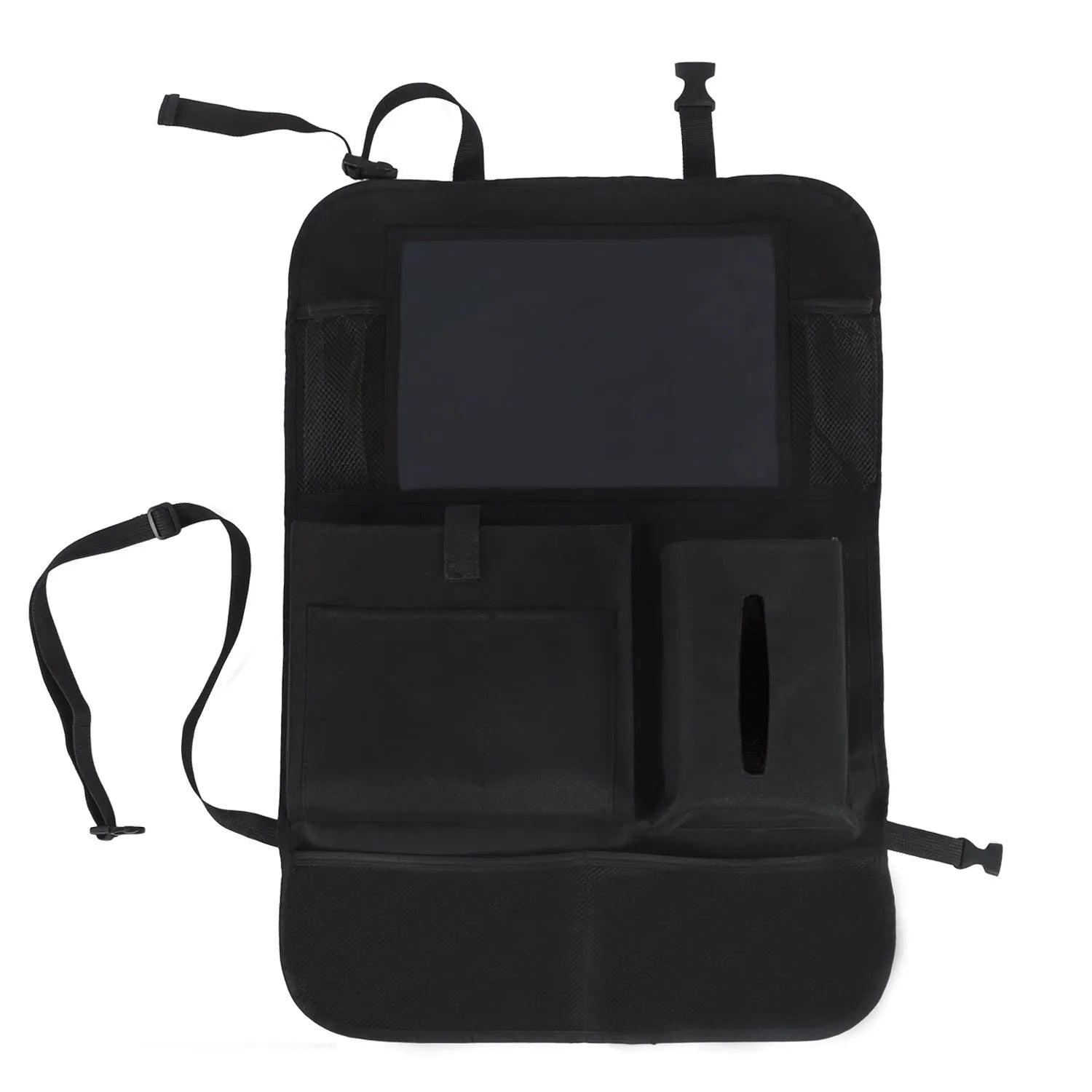 Black car seat back storage pouch with 9 storage bags and transparent iPad touch screen pocket hanging on a car seat back