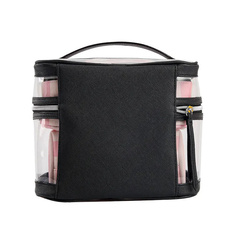 Pink bold stripes floral pattern waterproof synthetic leather makeup bag with folding design