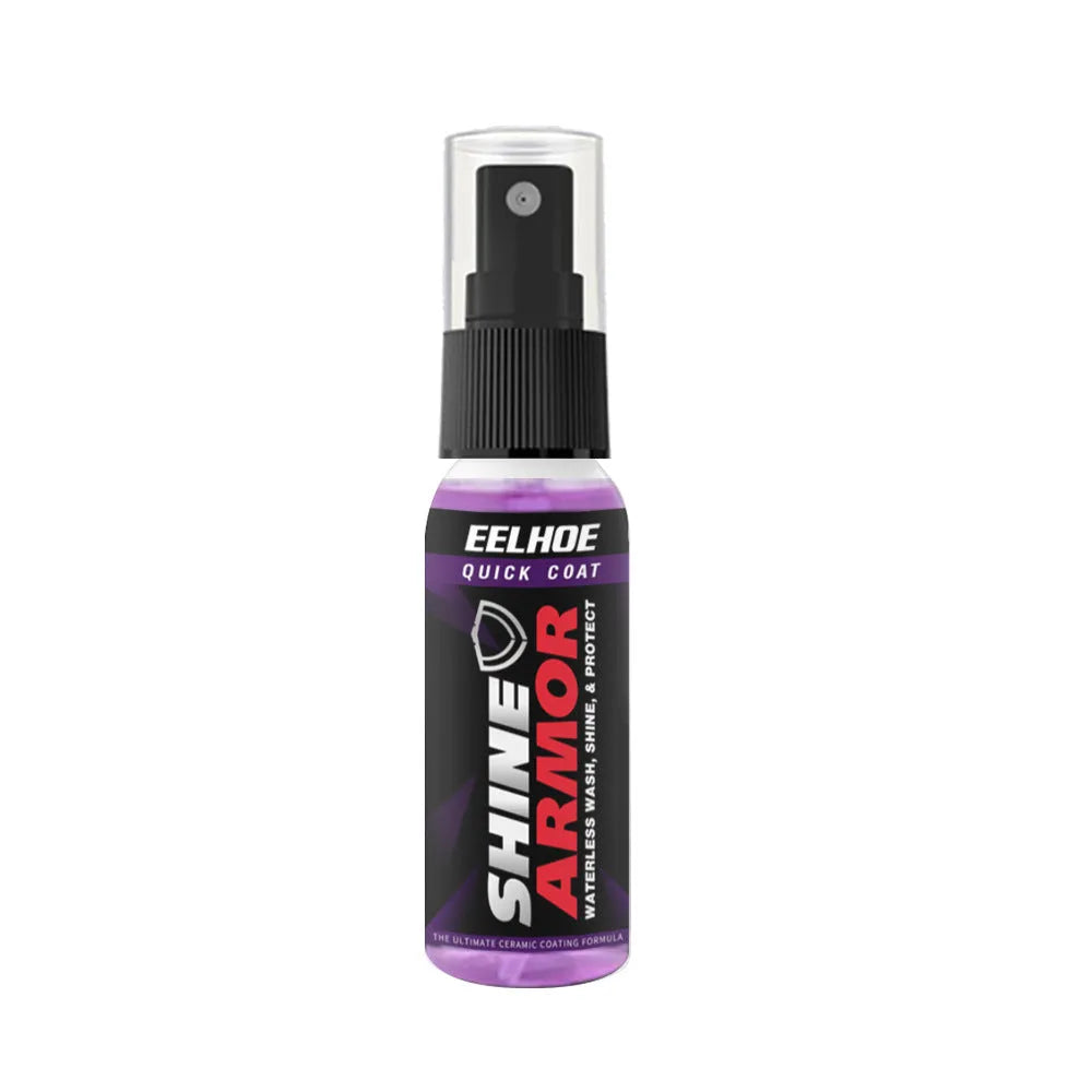Purple spray bottle of automobile nano coating agent with microplated crystal technology for car maintenance.