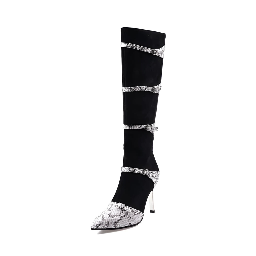 Women's black knee-high boots with thin high heels and velvet interior, showing 33cm shaft height
