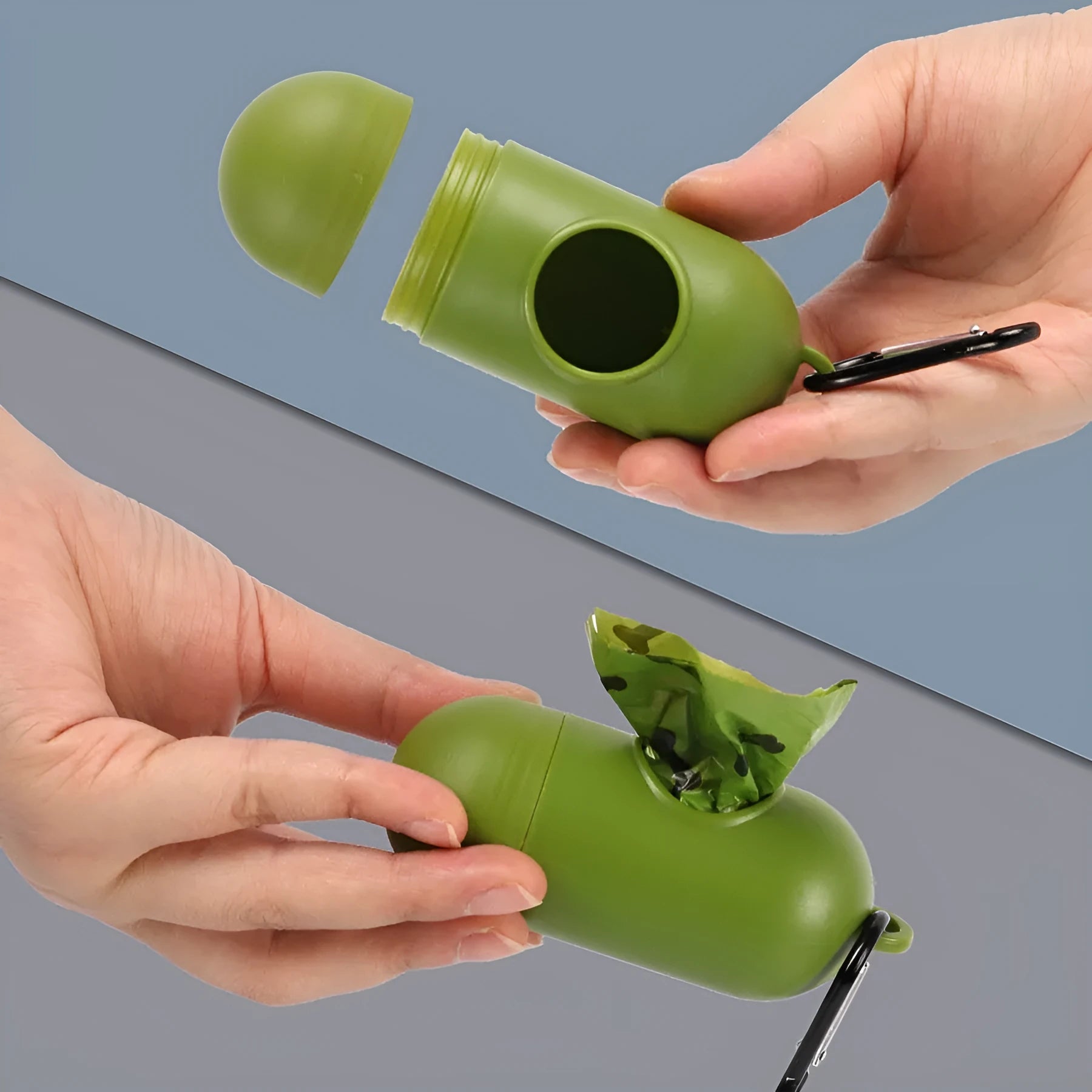 Degradable dog poop bags in military green with black bone print, showing roll format and bag dimensions
