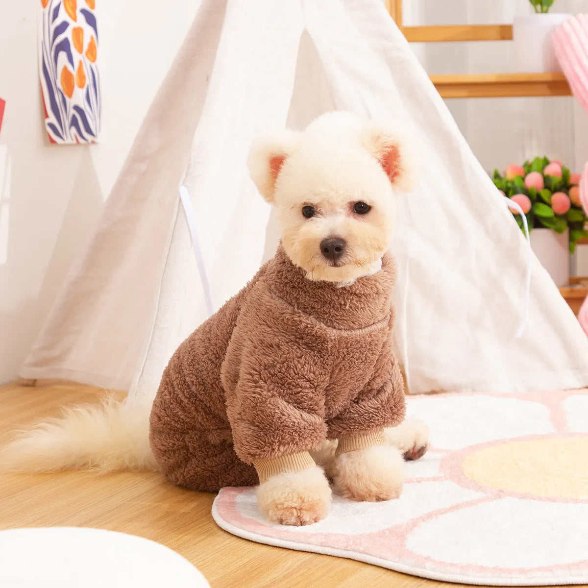 A khaki double-sided plush four-legged dog coat with a high collar and a metal towing ring on the back.
