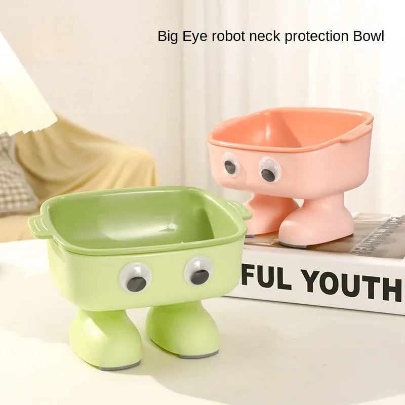 Green elevated cat bowl with robot design, tilted dish, and anti-slip base.