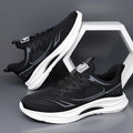 Men's summer casual shoes with fly woven mesh upper and rubber sole in black, black blue, and gray green colours