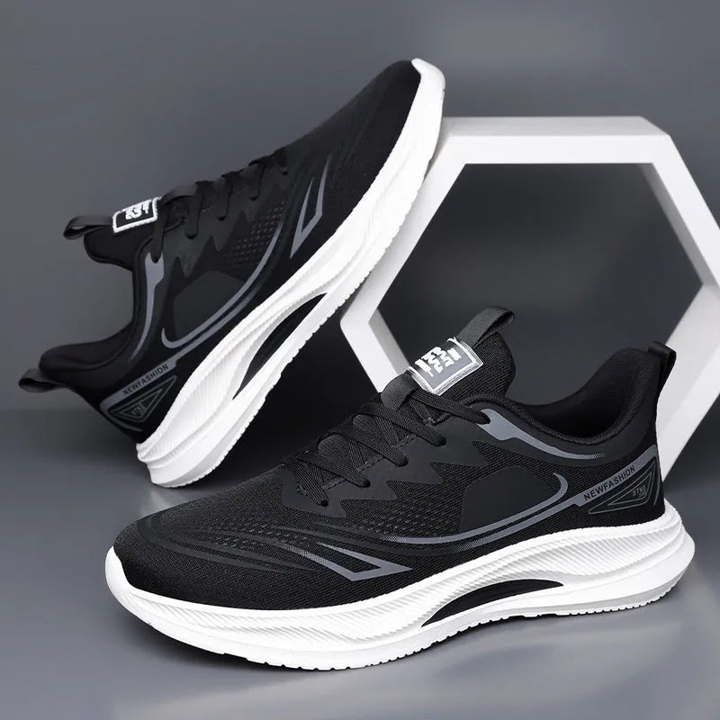 Men's summer casual shoes with fly woven mesh upper and rubber sole in black, black blue, and gray green colours