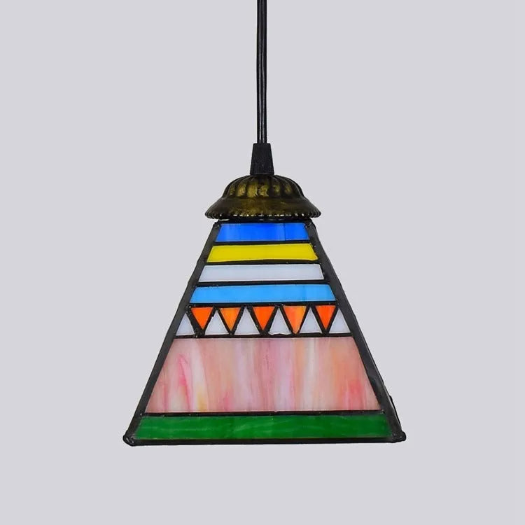 Art stained glass pendant light with coloured glass lampshade and iron ceiling plate