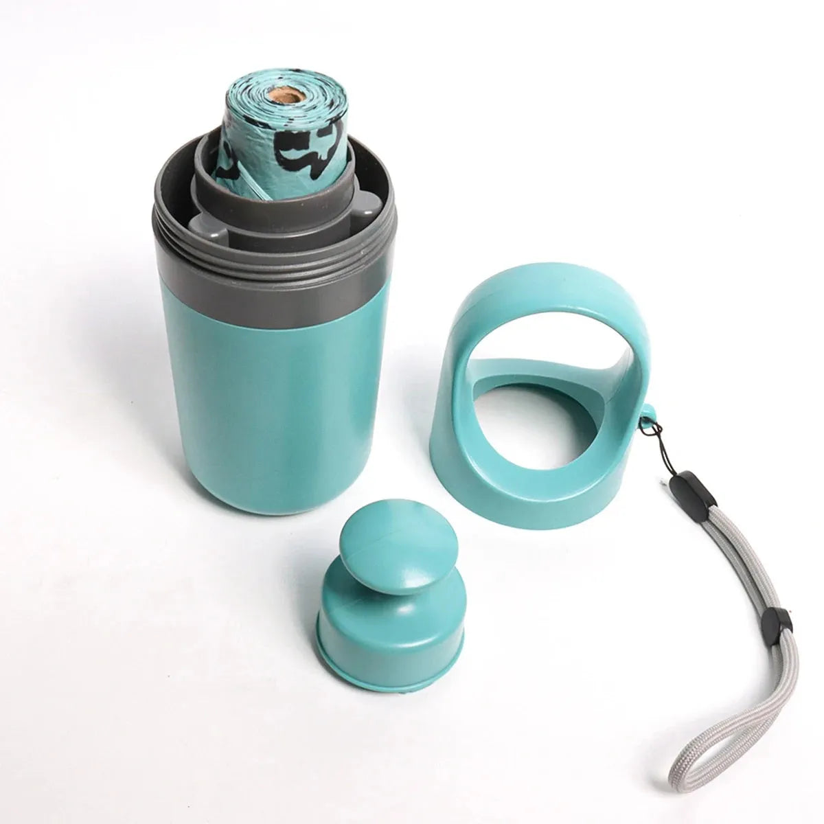 Blue pet waste scooper with claw mechanism and built-in bag dispenser for outdoor clean-up