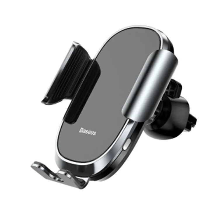 Universal car smartphone mount with adjustable clamp on a car air vent, showing 360-degree rotation.