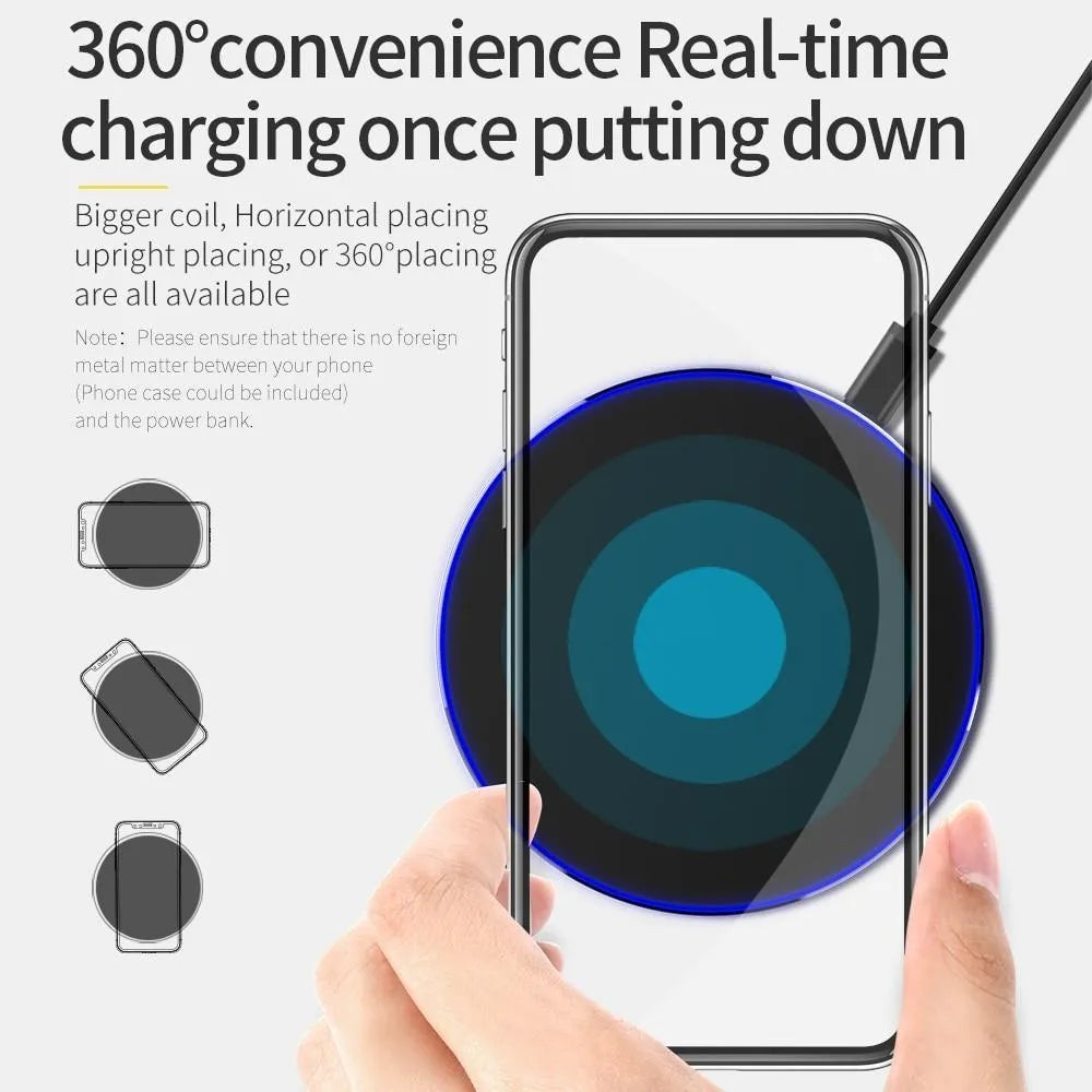 Ultra-thin black wireless fast charger with 9V QI charging and 98×98×6.5mm dimensions