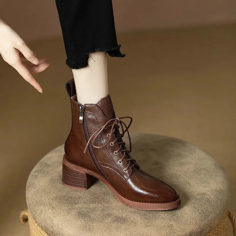 Women's French elegant pointed-toe short tube boots in black or brown with 5.5cm heel