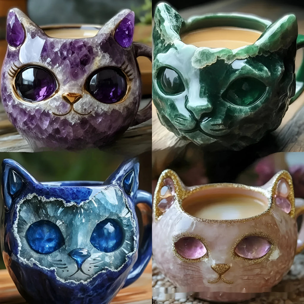 Purple geode mug shaped as hollow cat sculpture resin craft cup