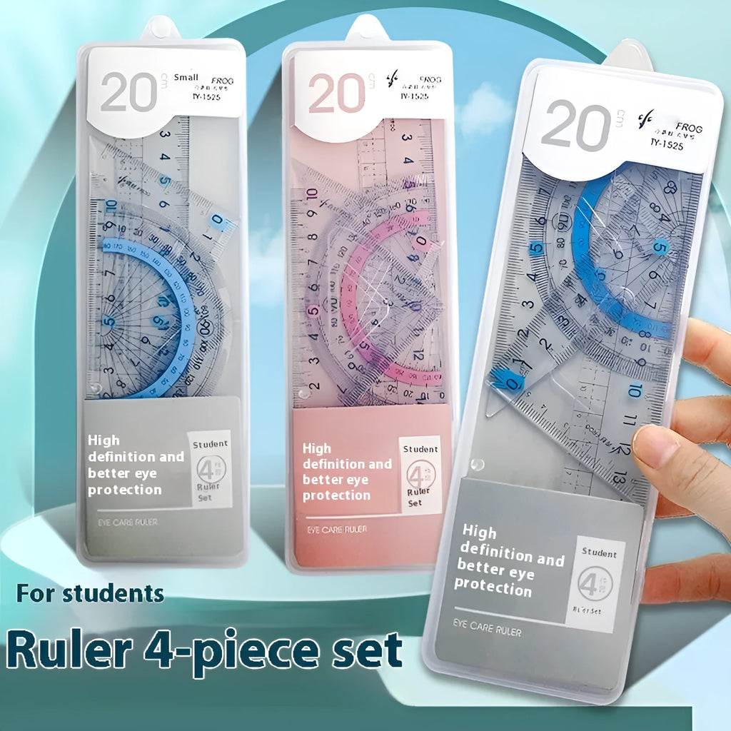 Youpai transparent acrylic four-piece drawing ruler set with square protractor on a white background