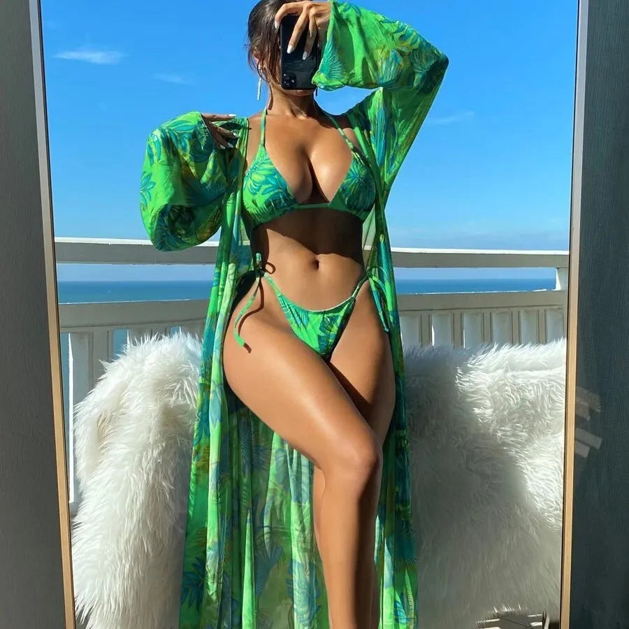 Women's long sleeve bikini set with floral banded briefs and cover-up robe
