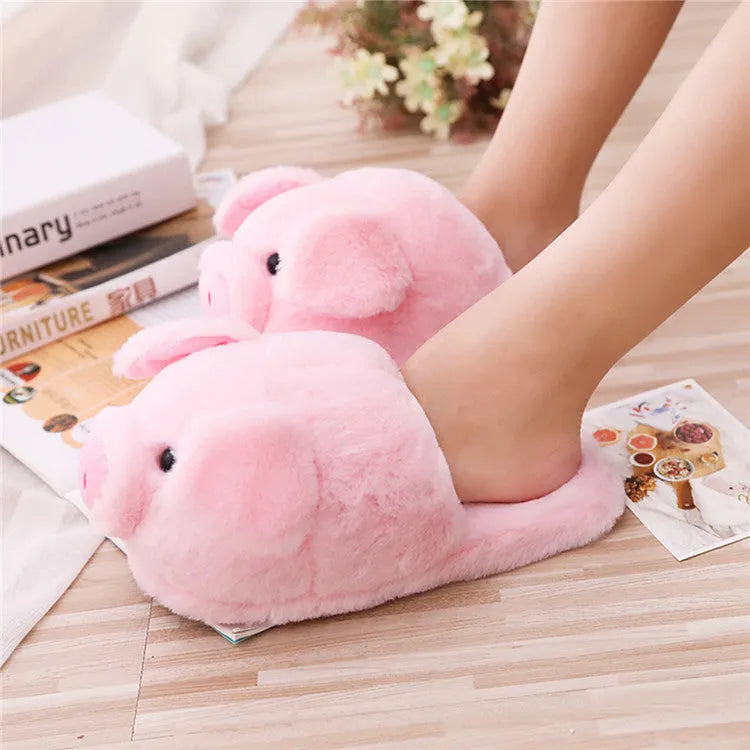 Pink pig animal design plush floor slippers for women indoor home wear